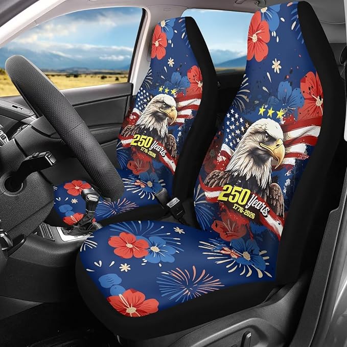 ELEQIN America 250th Anniversary Car Seat Covers Universal High Back Fashion Cushion Protector for Car Truck Suvs,Sedans,Vehicles,Airbag Compatible Front Car Seat Covers 2 Pack
