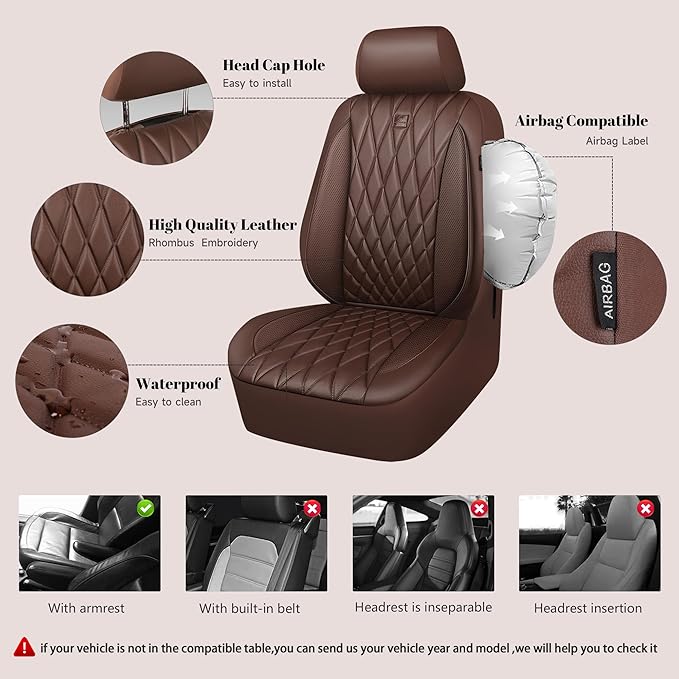 CAR PASS Piping Luxury Faux Leather Seat Covers Full Set, 5 Seats Anti-Slip Waterproof Seat Covers Compatible with Front Armrests, Universal Fit for Suvs,Vans,Trucks,Airbag Compatible, Pure Brown