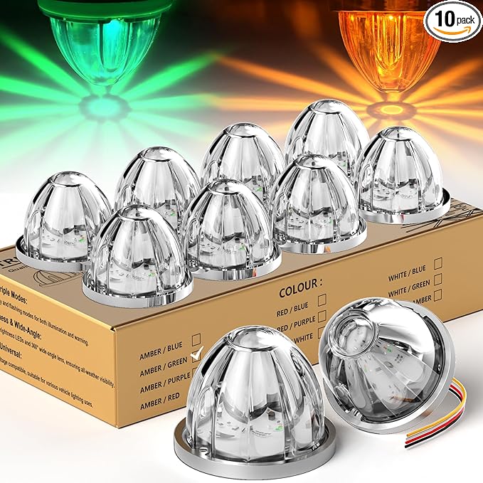 10-Pack Dual Color Watermelon Lights LED Strobe & Steady Cab Roof Clearance Warning Marker Lights with Clear Lens & Bezel Suitable for Trailer Kenworth Peterbilt Freightliner (Amber Green)