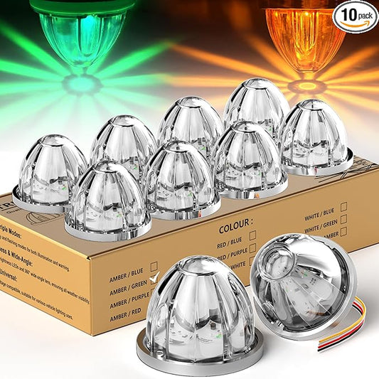 10-Pack Dual Color Watermelon Lights LED Strobe & Steady Cab Roof Clearance Warning Marker Lights with Clear Lens & Bezel Suitable for Trailer Kenworth Peterbilt Freightliner (Amber Green)
