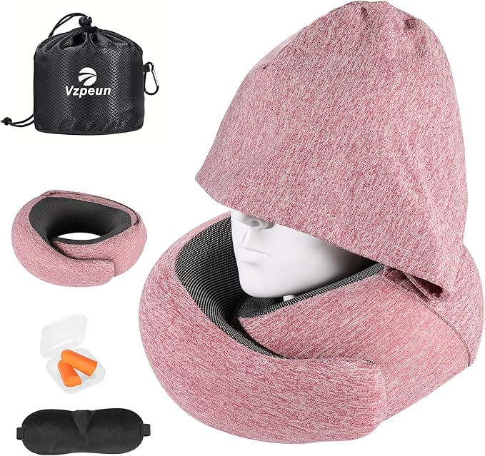Travel Pillow - Hooded Neck Pillow Airplane Memory Foam Filling for Plane, Cars Sleeping, Road Trip, Long Flights, Portable Plane Accessories, Includes Eye Mask & Earplugs (Red)