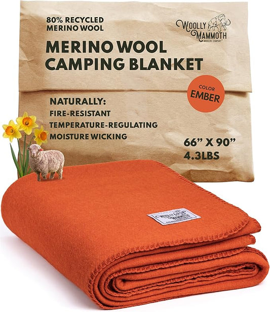 Woolly Mammoth Woolen Company Merino Wool Blanket - 80% Merino Wool - Camping Blankets for Cold Weather - Mositure-Wicking for Overlanding, Hunting, Emergency Kits, Bushcraft (66" x 90" Ember)