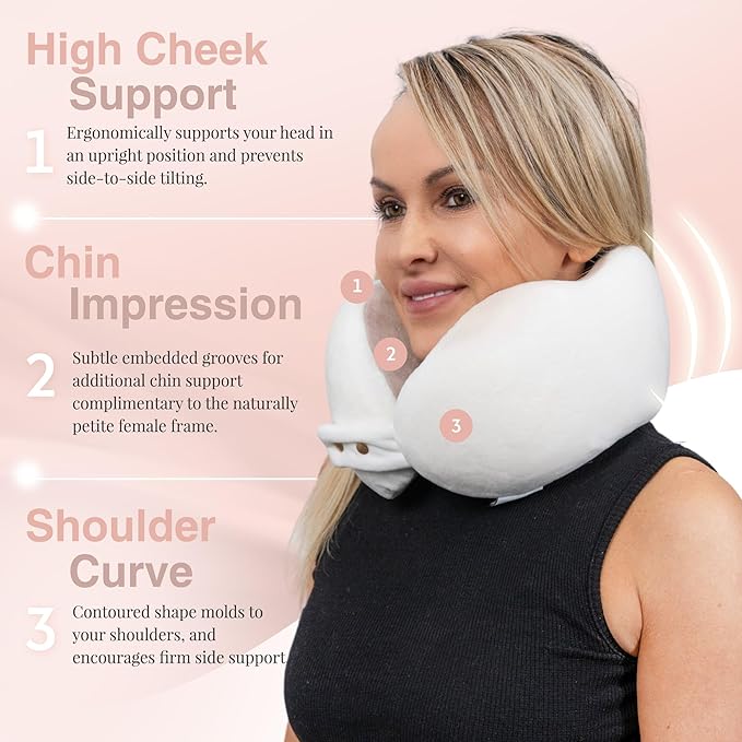Women's Small Fitted Neck Pillow for Traveling, Memory Foam Travel Pillow, Travel Neck Pillows for Airplanes, Travel Essentials for Flying, Plane Pillow in Taupe and White