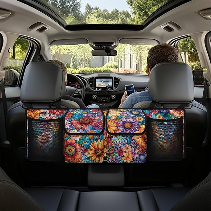 Boho Floral Flowers Backseat Trunk Organizer for Car Dahlia Hanging Cargo Bag Sturdy Trunk Storage Bag with 4 Storage Bags and 3 Adjustable Buckles