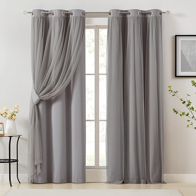 Bujasso Grey 90% Blackout Curtains with Sheer Overlay Mix and Match Double Layer Window Curtains Thermal Insulated 72 inch for Living Room Bedroom Gray Drapes with Tiebacks Grommet Top 37" Wx72 Lx2