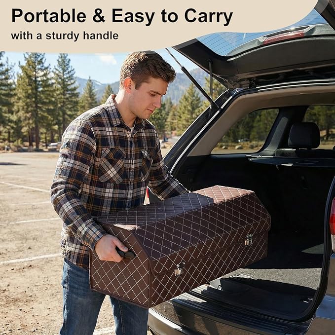 Trunk Organizer with Lid for Car Foldable Storage Box Heavy Duty PU Leather Cargo Organizer for SUV Sedan Waterproof (Brown, Large)