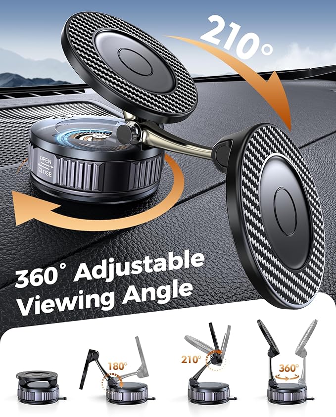 Car Phone Holder for Magsafe – [Carbon Fiber] Phone Mount for Car [Super Strong Magnetic, 360° Adjustable, 108LBS Vacuum Suction] Phone Holders for Your Car, Car Accessories for iPhone 17–12 Series