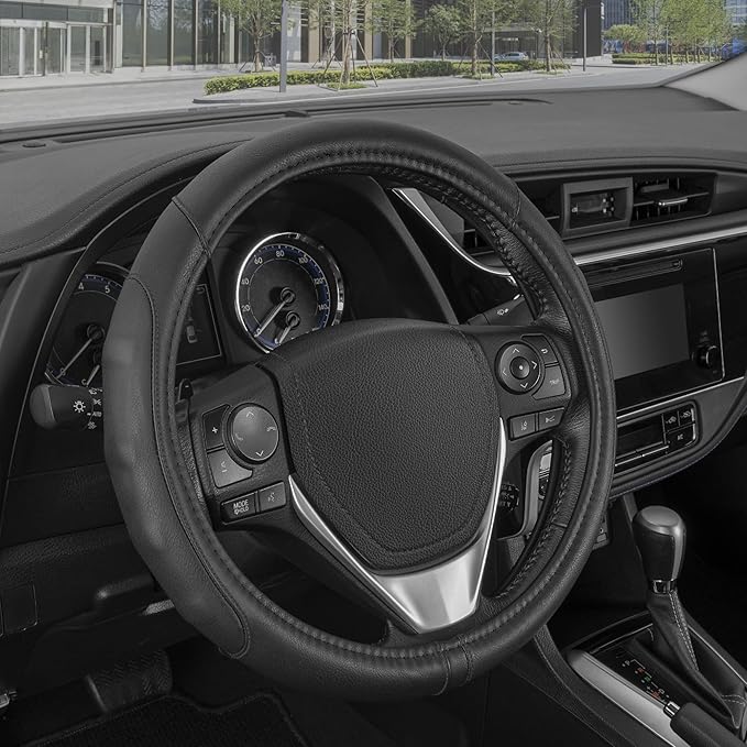 Motor Trend GripDrive Faux Black Leather Steering Wheel Cover for Car Truck Van SUV, Small 14 inch Size, Solid Black Stitched Car Steering Wheel Cover Vehicle & Auto Accessories
