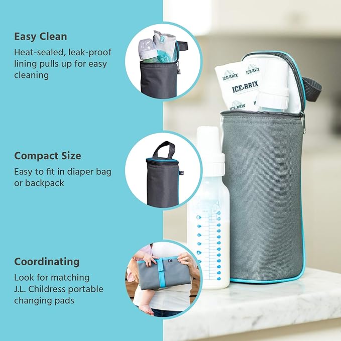 J.L. Childress Breast Milk Cooler Travel Bag - Insulated Baby Bottle Storage Bag, Portable Organizer Pack for Breast Milk, Use for Daycare or On the Go, Fits 1-2 Bottles - Grey/Teal