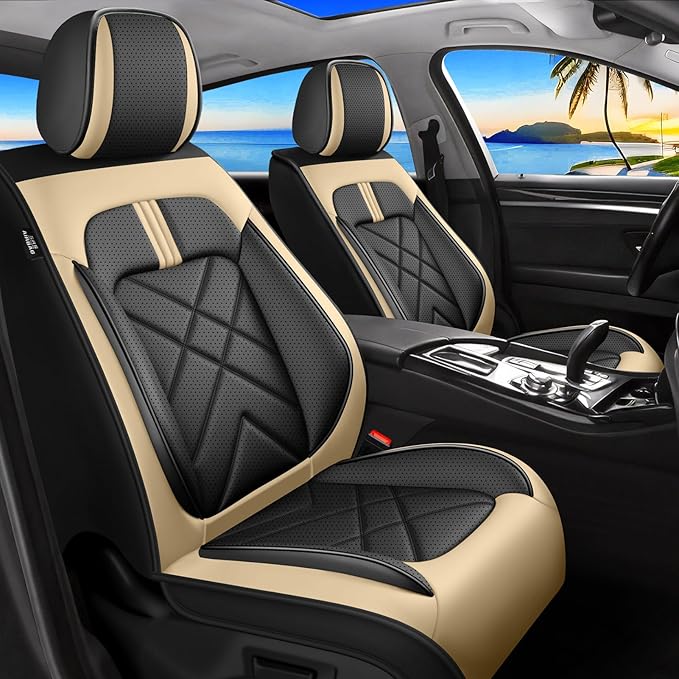 CX-30 Car Seat Covers Fit for Mazda CX-30 2020-2026, Full Coverage Premium Leather Waterproof Breathable Seat Covers, Automotive Seat Protectors, Airbag Compatible(Full Set Seats, Black Beige)