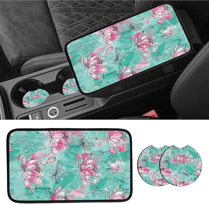 Car Armrest Cover Pads Universal Fashion Cute Auto Center Console Armrest Cover Pad with 2PCS Car Coasters Soft Waterproof Car Armrest Seat Protector for Women, Watercolor Pink Lotus