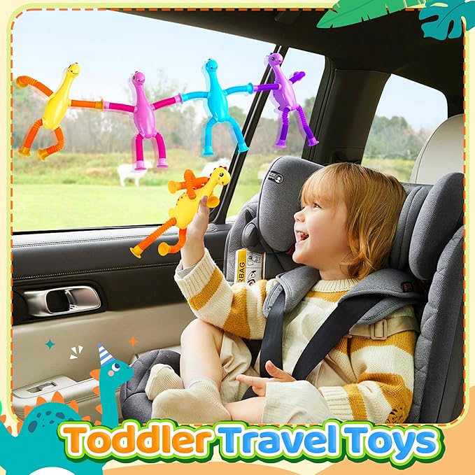 4Pcs Dinosaur Airplane Travel Car Ride Toys for Toddlers Kids Boys Girls Sensory Suction Cup Tube ADHD Autism Road Trip Car Activities Essential Stocking Easter Basket Stuffer Valentines Gift