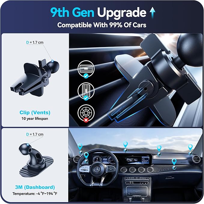 Beser for MagSafe Car Mount Charger, (4.13 lbf) Large Magnetic, 15W Qi Wireless Charger for Car, Vent/Dashboard, Phone Holder for iPhone 15/14/13/12 Series, 7 Color Lights, Aluminium, Silver
