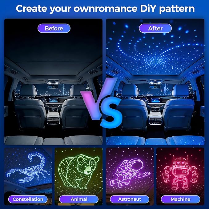 VASTFIRE Starlight Headliner Kit - 1000pcs 0.02in 9.8ft Fiber Optic Star Lights for Car with 16W RGBW, Twinkle & Music Sync, APP/Remote Control for Car Roof/Bedroom Ceiling