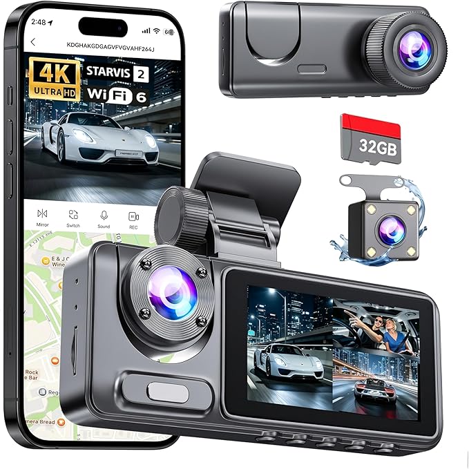 Dash Cam Front Rear with 3 Channel, 4K Full UHD Car Camera, 5GHz WiFi & App Control, Free 32GB Card Included, Dash Camera for Cars with IR Night Vision, 24 Parking Mode, Loop Recording, G-Sensor