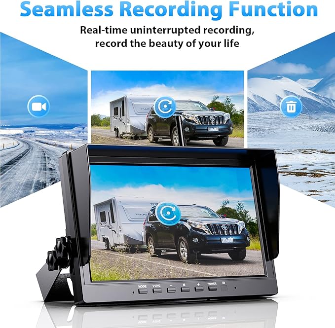 eRapta Wireless Backup Camera System AWX101, Stable Signal 10'' HD with Quad Split Monitor Recording, IP69K Rear View Camera for Truck Trailer Van etc