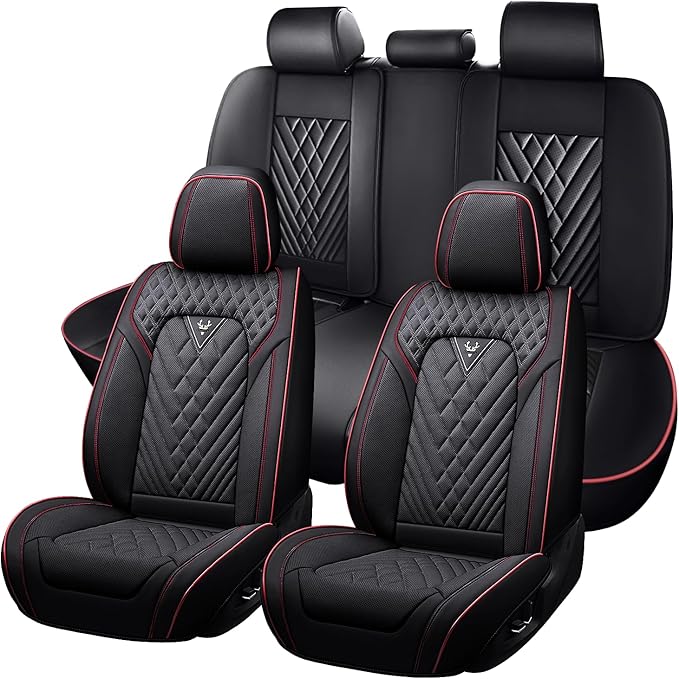Truck Seat Covers for GMC Sierra 1500 2007-2026, Waterproof Premium Leather Full Coverage Car Seat Cover, Muscle Sport Style Auto Interior Seat Cover Sets (Full Set/Black Red)