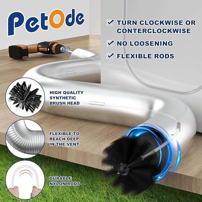 PetOde 32 Feet Dryer Vent Cleaner Kit, Enhanced Flexible Quick Snap Brush with Drill Attachment for Effective Cleaning, 360 Degree Rotation Without Loosening, Use with or Without a Power Drill