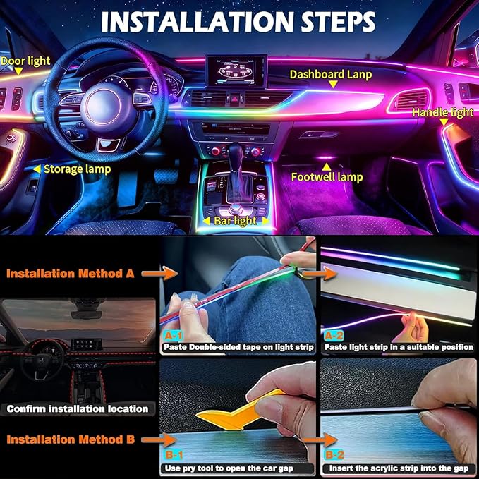 Interior Car LED Strip Lights,Acrylic LED Lights for Car with Dynamic Dreamcolor Chasing,175 inches 6 in 1 RGB Neon Strip Fiber Optic Ambient Lighting Kits with Remote APP, for Inside car Decorations