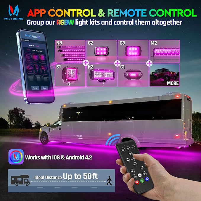 MICTUNING N8 RGBW Underglow Light Bars Specially for RVs, App/Remote Control, Aluminum Housing Waterproof, Exterior Neon Accent Underbody LED Light Strips, w/ 2PCS 11.5FT Extension Cords, 8PCS