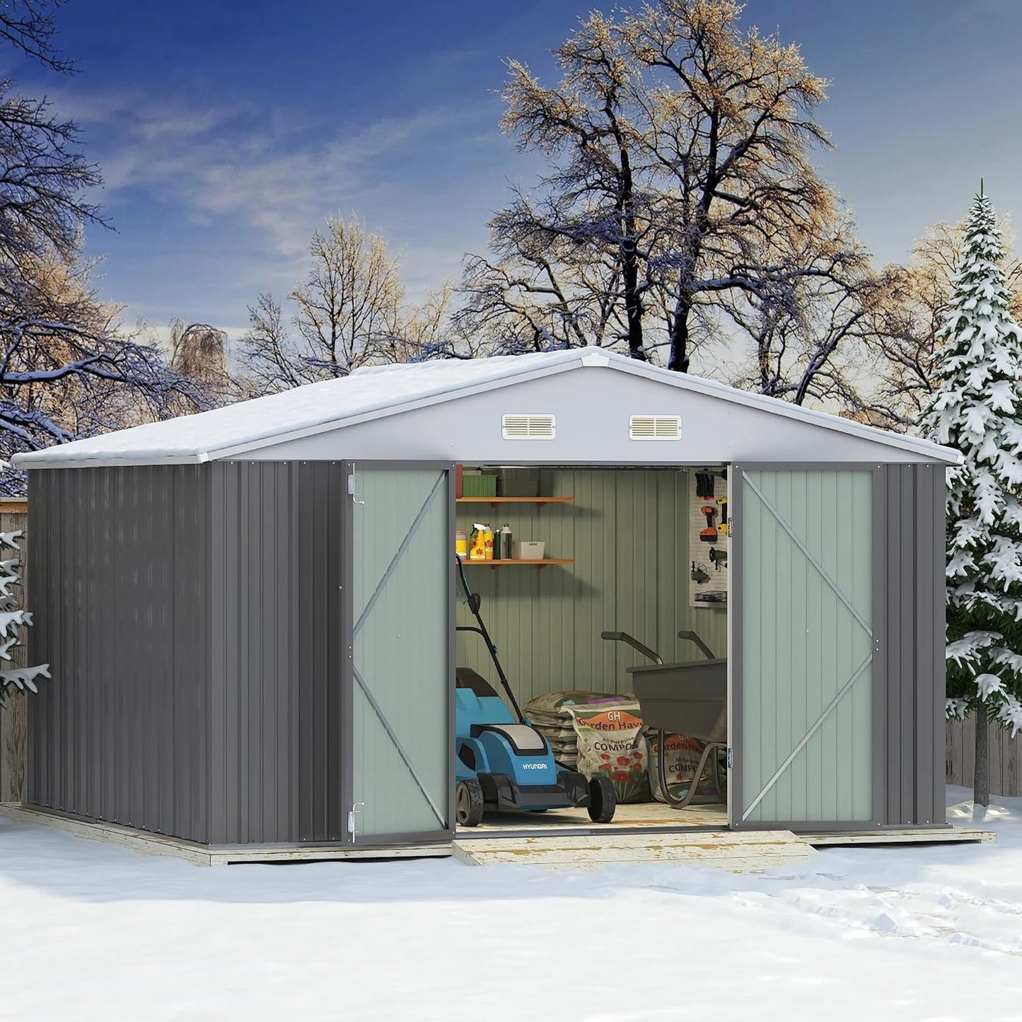 Greesum 10×8FT Outdoor Storage Shed, Metal Patio Storaged Sheds with Lockable Doors, Sheds & Outdoor Storage for Bike, Backyard, Pool and Garden, Gray