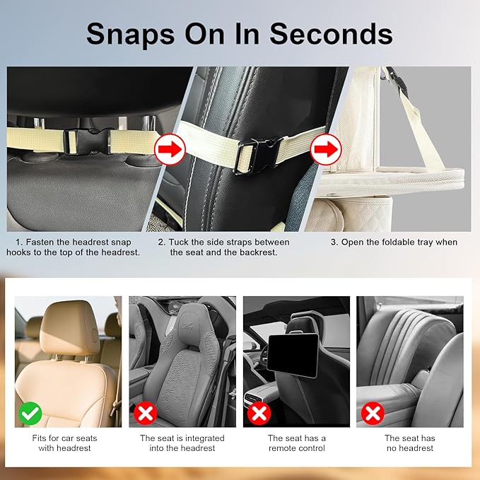 Car Backseat Organizers 2 Pack with Foldable Trays - PU Leather Back Seat Organizers with 11 Storage Pockets, Tablet Holders, Seat Back Protectors for Kids Family Travel Accessories (Beige)