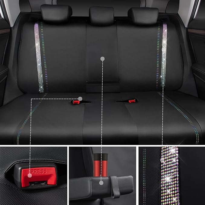CAR PASS Bling Diamond Car Seat Covers Full Set, Shining Rhinestone Waterproof Faux Leather, Rear with Zipper, Universal Fit Automotive Glitter Crystal Sparkle Strips for Cute Women Girl,Muticolor