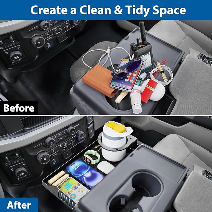 All Metal Front Center Seat Headrest Organizer Compatible with 2011-2025 2026 Ford F150 F250 F350 F450 F550 F650 Accessories, Compartment Tray Container Storage Box with Cup Holder(Jump Seat Only)