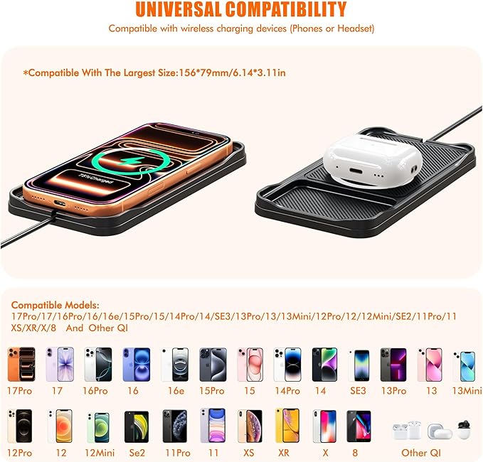 Wireless Car Charger Pad, 15w Fast Car Wireless Chargers Charging pad Non Slip Charger for Car Wireless Phone Charger for iPhone 17/16/15/14/13/12 Pro, SE3/SE2/XS/X/XR/8, 30cm Cable