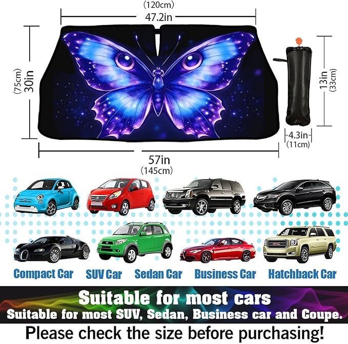 Butterfly Eye Car Windshield Sun Shade Umbrella Funny Butterflies Sunshades for Car Windshield Upgraded Sun Visor Protector for Sedan SUV Most Vehicles Printed Front Window Shades
