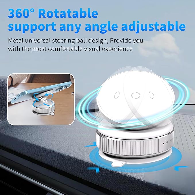 24Mags Magnetic Phone Holder for Car, 360-Degree Adjustable Dashboard Mount, Rotary Suction & Release, Detachable & Reusable for MagSafe & Android Phones with Magnetic Case, White