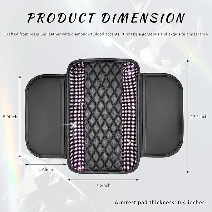 Sun Walker Bling Car Center Console Cover, Anti-Scratch Car Armrest Seat Box Cushion Pad with 2 Storage Bags, Leather Middle Console Protector Crystal Interior Accessories for Most Cars (Pink)