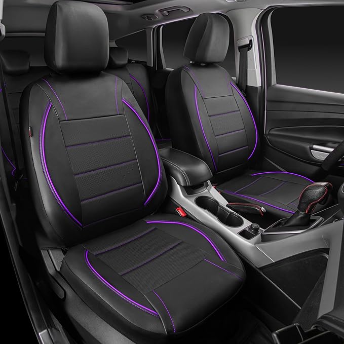 CAR PASS Piping PU Leather Car Seat Cover,Inside Zipper Design and Reserved Opening Holes Airbag Compatible,Universal FIT for Car, SUVs,Van,Trucks,Full Set, Black & Purple