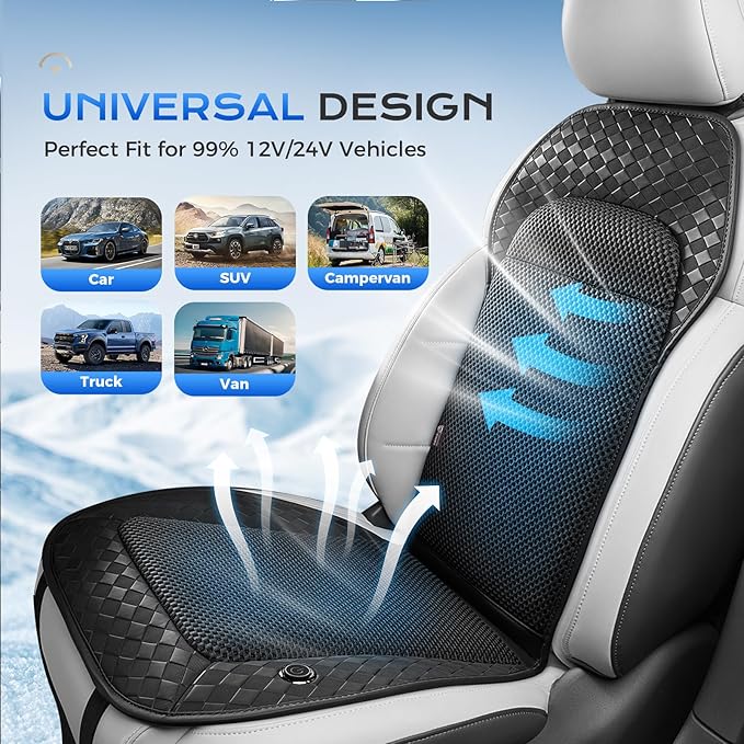 Coverado Cooling Car Seat Cushion, 12V-24V Ventilated Seat Pad with 8 Turbo Fans, 3-Speed Adjustable Dual Blowing & Suction Cooling Cushion, Universal Fit for Car SUV Truck Van All Vehicles, Black