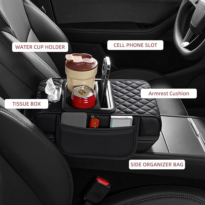 5 in 1 Car Center Console Cover, Armrest Pad with 2 Storage Pockets, Cup Holder, Tissue Box Slot, Phone Holder, Universal Car Interior Organizer (Black)