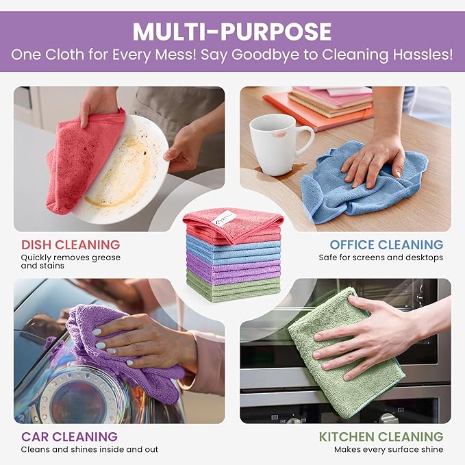 SIFANGKE Microfiber Cleaning Cloth, 34 Pack Assorted Color Cleaning Rags for Housekeeping, Colorful Reusable Microfiber Towels for Car, Kitchen, Bathroom and Household Cleaning Supplies, 11.8"X11.8"