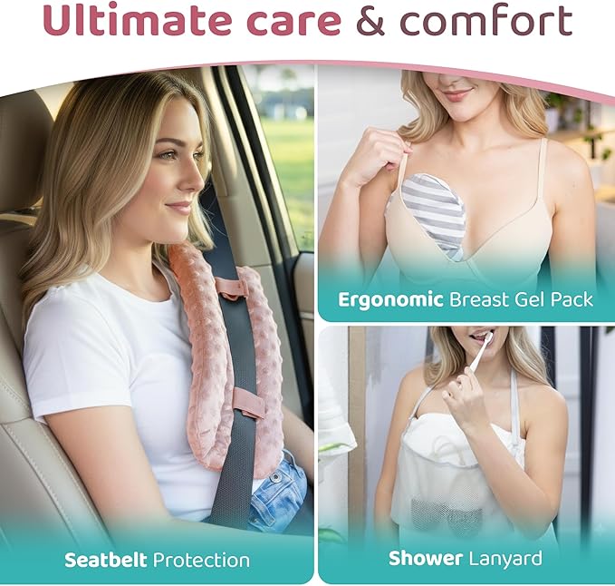 Zomaple Mastectomy Recovery Pillow with Strap, Swirly Gel Pack, Seat Belt Cover & Shower Lan – Post Mastectomy Must Haves, Breast Augmentation/Reduction & Mastectomy Recovery Supplies – Washable Cover