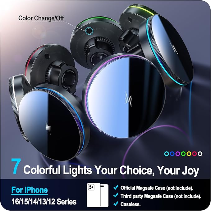 Beser for MagSafe Car Mount Charger, (4.13 lbf) Large Magnetic, 15W Qi Wireless Charger for Car, Vent/Dashboard, Phone Holder for iPhone 16/15/14/13/12 Series, 7 Color Lights, Aluminium, Deep Black