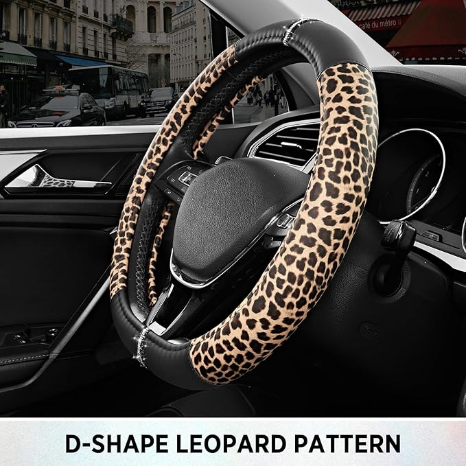 Road Comforts Leopard Steering Wheel Cover - Made with PVC Leather Cheetah Print, D-Shaped Automotive Steering Wheels - Anti-Slip, Universal Fit 14 1/2 inches to 15 inches - Black