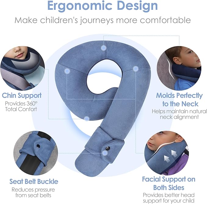 Kids Travel Neck Pillow, Toddler Travel Pillow for Car & Airplane and Head & Chin Support, Comfortably Travel Neck Pillow for Road Trip Sleeping, Gifts for Toddler/Child/Kids (Light Blue & Dark Blue)