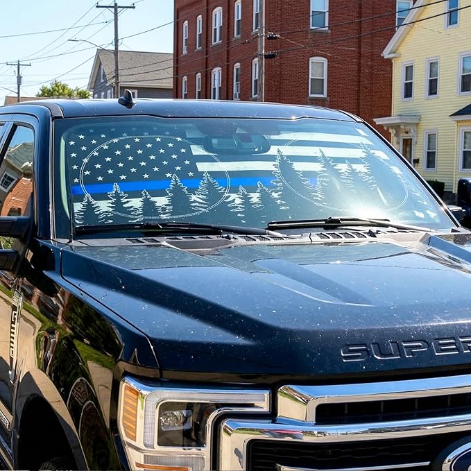 63"x28.5" Car Windshield Sun Shade with Storage Pouch, Stylish Printed Front Window Sunshade with Double Ring Frame, Universal Fit Foldable Heat Blocker & UV Protector for SUV, Sedan (Blue Line Flag)