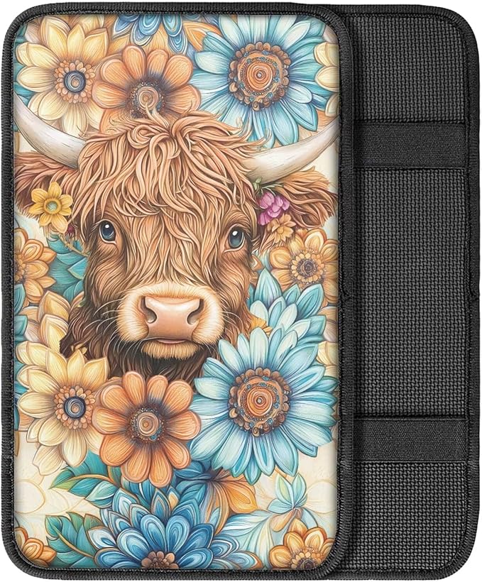 Suobstales Boho Mandala Highland Cattle Print Car Armrest Pad Soft Center Console Arm Rest Protector Cover Universal Car Interior Accessories Decoration