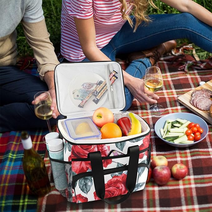 Red Rose Flower Cooler Bag Insulated Cooler Soft Sided Cooler 24 Can Portable Picnic Bag Large Leakproof Lunch Bag Box for Beach Grocery Camping Travel Car Men Women