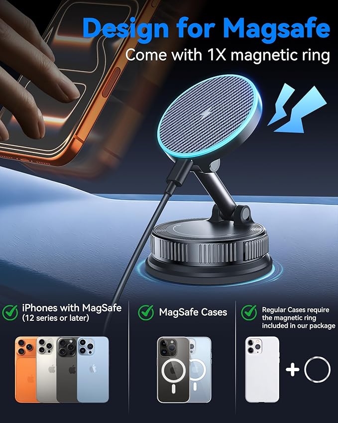 15W MagSafe Car Mount Charger, Magnetic Wireless Car Charger with Vacuum Suction Cup & Nano Adhesive Base, 360° Rotatable Strong Hold Car Phone Mount for iPhone 17 16 15 14 13 12 Series, Samsung S26