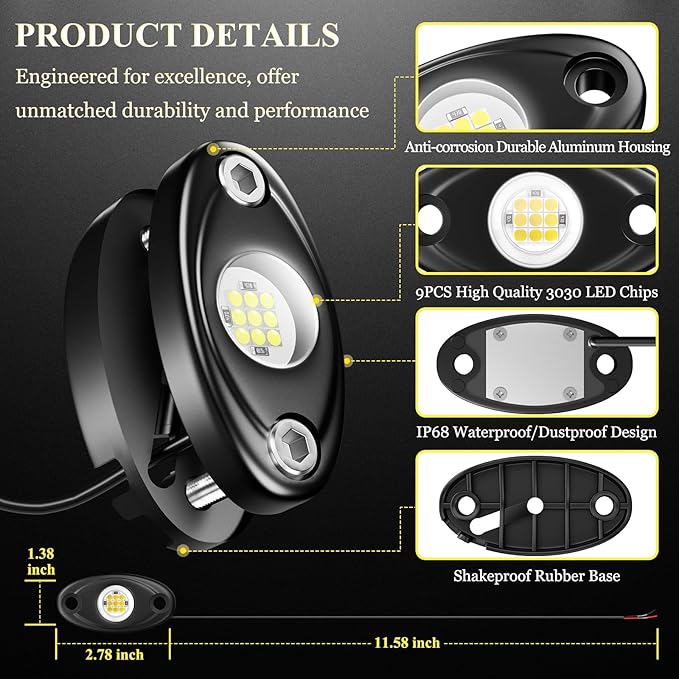 24 Pods White Rock Lights, 6000K Pure White Super Bright Wide Angle IP68 Waterproof LED Rock Lights for Trucks Pickup SUV UTV ATV Motorcycle Car Boats Underglow Lighting