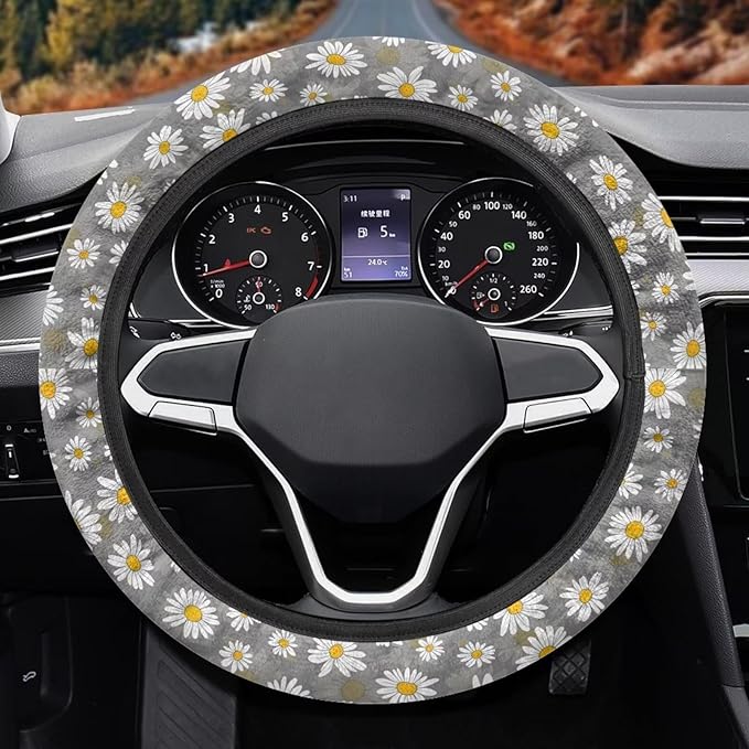 SEANATIVE White Daisy Car Steering Wheel Cover Universal Car Accessory for Diverse Cars Neoprene Dust Cover for Steering Wheel
