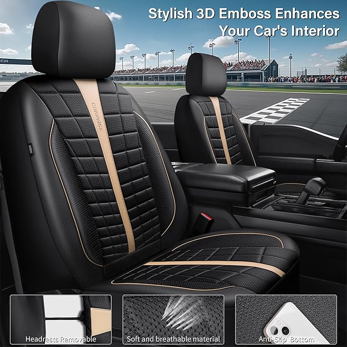 CAR PASS 3D Air Mesh Seat Covers for Car, Leather Car Seat Cover Front Seats, Breathable Foam Premium Leather Mesh Front Seat Covers Universal Fit for Cars Sedans Trucks Vans SUVs, Black Beige