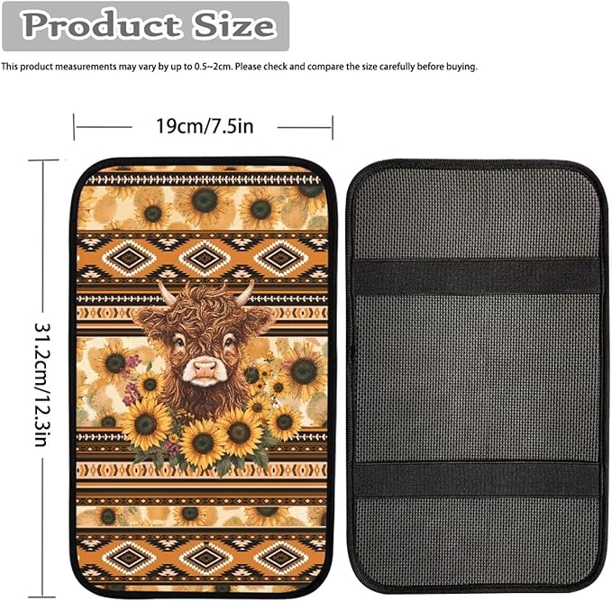 UNICEU Aztec Highland Cow Sunflower Print Car Accessories Soft Comfy Armrest Cover Pad Car Center Console Armrest Protector Covers Universal Fit Trucks SUV Van