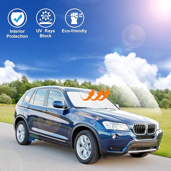 Windshield Sun Shade Custom Fit for 2011 2012 2013 2014 2015 2016 2017 BMW X3 Accessories Foldable Sunshade Sun Blocker Protect Car from Sun Rays & Heat Damage Keep Car Cooler