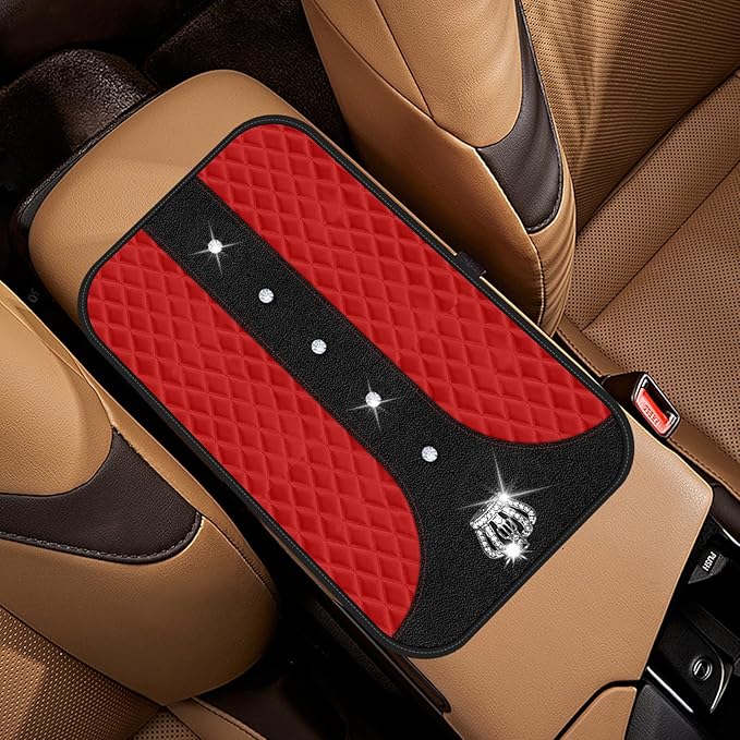 Red Bling Car Console Cover Hot Red Arm Rest Center Console Cushion Pad, Universal Anti-Slip Leather Armrest Box Decor Protector with Crystal Sparkling Rhinestone Car Accessories(Red)